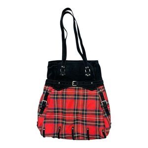 Castelbajac Leather & Wool Red Tartan Shoulder Bag Classic Grunge Holiday